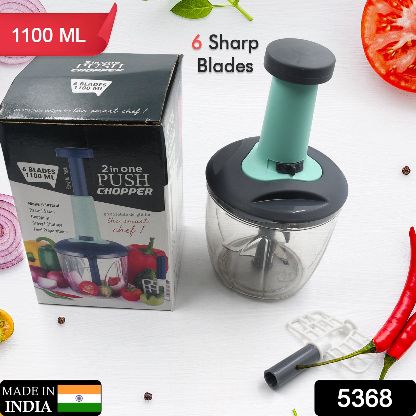 1100 Ml 2 In 1 Push Up Chopper With Blender Affixed With 6 Sharp Blade  Vegetable And Fruit Cutter With Easy Push And Chop Button